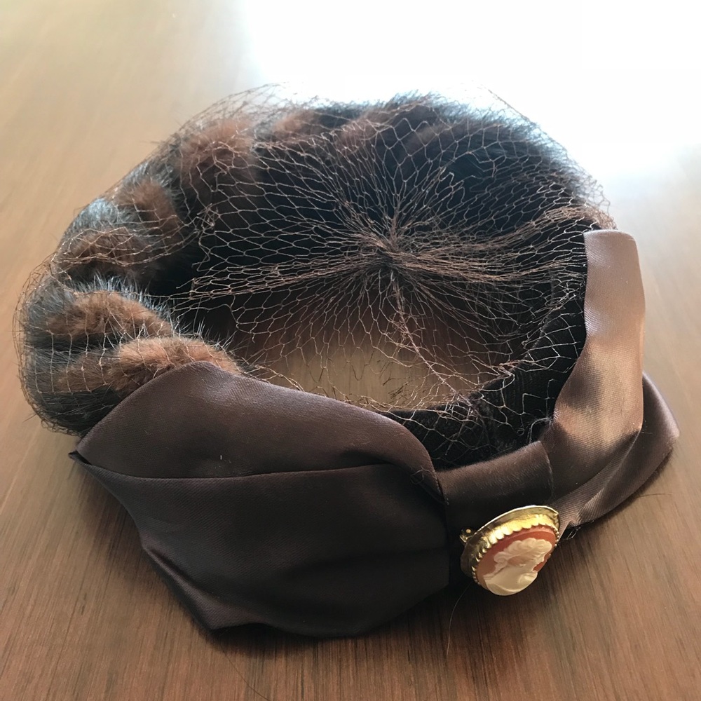 Vintage Brown Fur Hat with Tulle